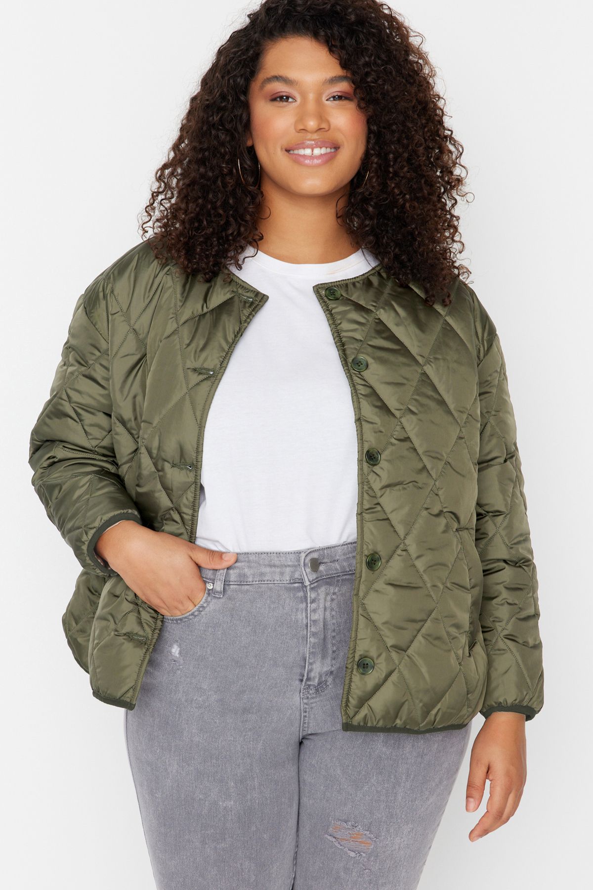 Trendyol Curve-Khaki Crew Neck Quilted Coat TBBAW23AW00020 2