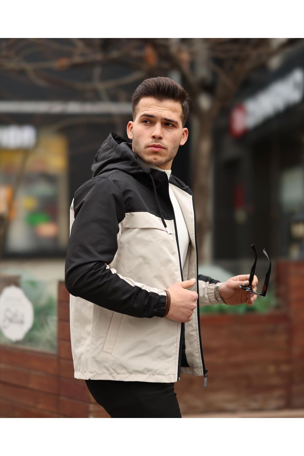 Clavi  Kapüşonlu Erkek Mevsimlik Ceket, Yağmurluk Siyah - Bej - Görsel 3