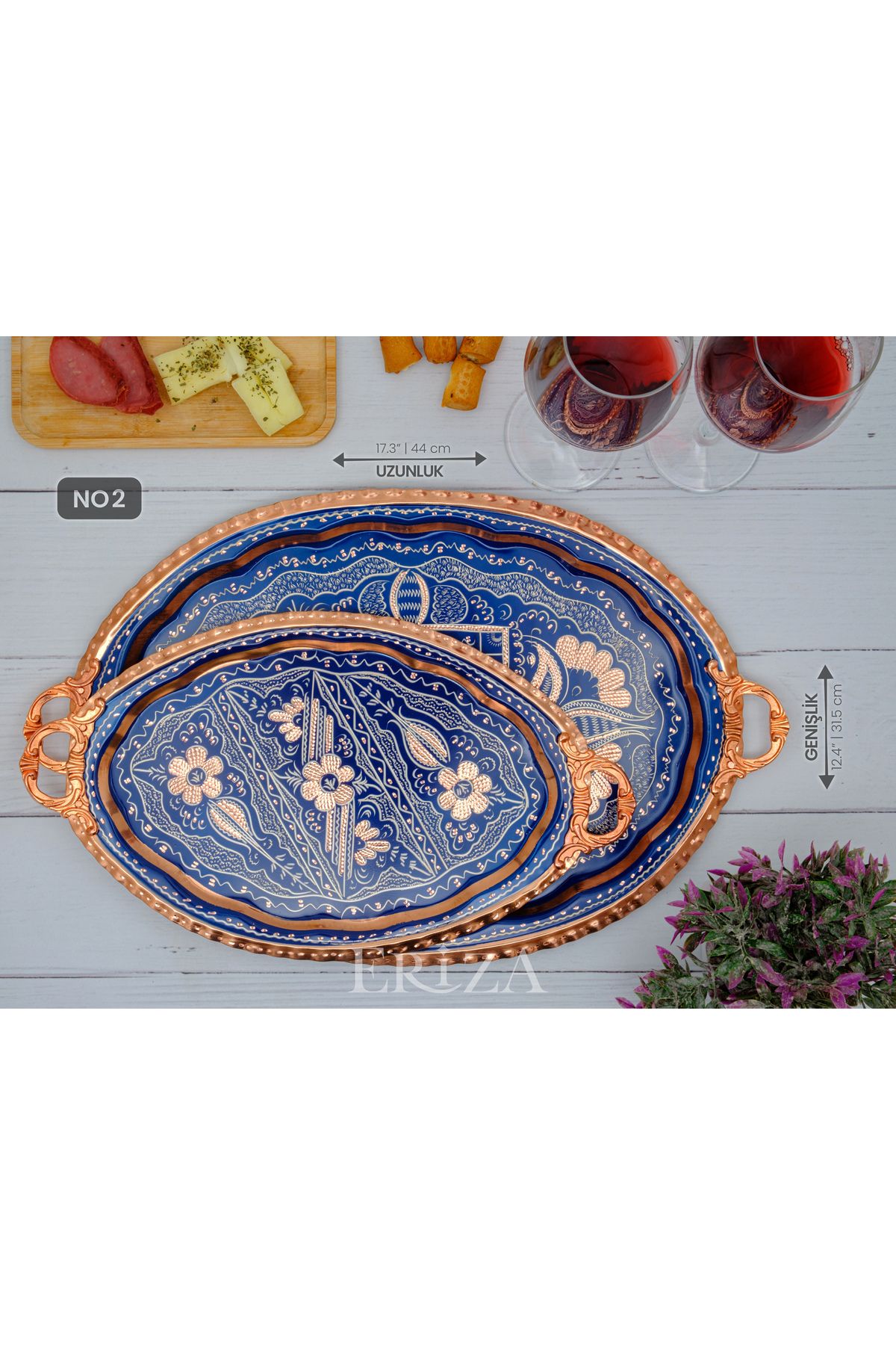 ERİZA-23X34 cm Ovale, Non-Dirty, Thick Copper Tea & Coffee Presentation Tray 5