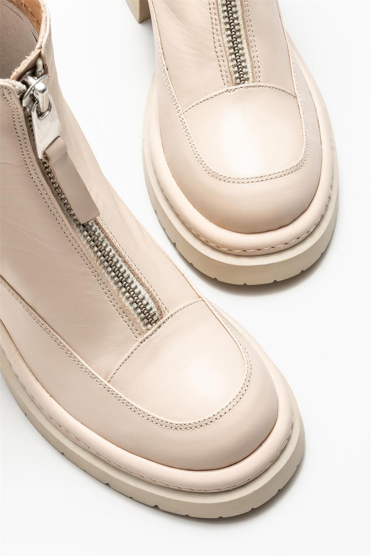 بوت Elle Shoes بلند کفش لژدار زنانه چرم اکرو اورجینال - تصویر 3