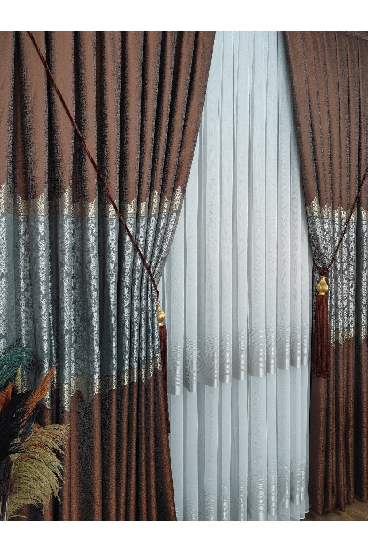Yuka-Panel Background Curtain Tile Gray and Gold Striped Patterned Single Sash Closely Pleated Jacquard Semi-Glossy 5