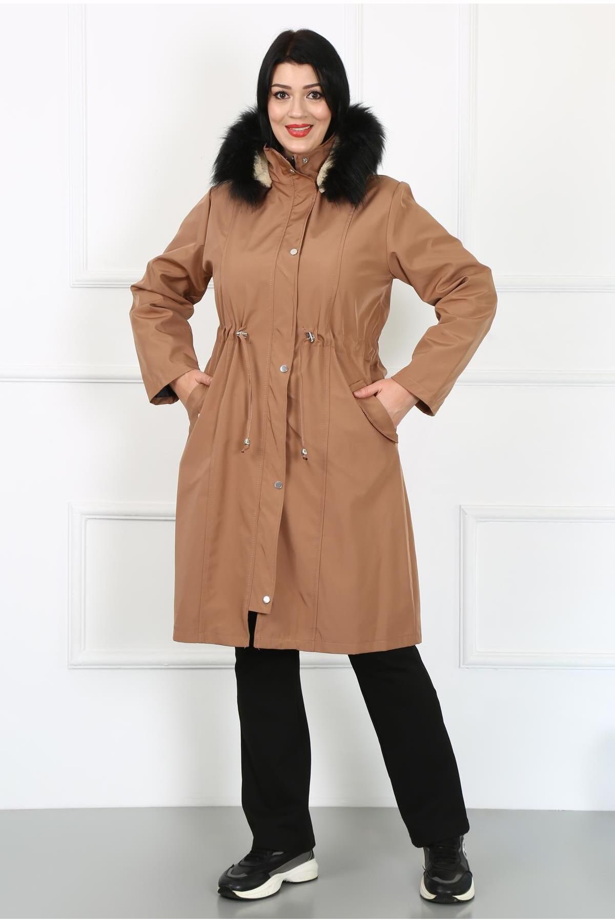 By Alba Collection-Women's Light Brown Long Bondite Fabric Inside Curly Large Size Coat 2