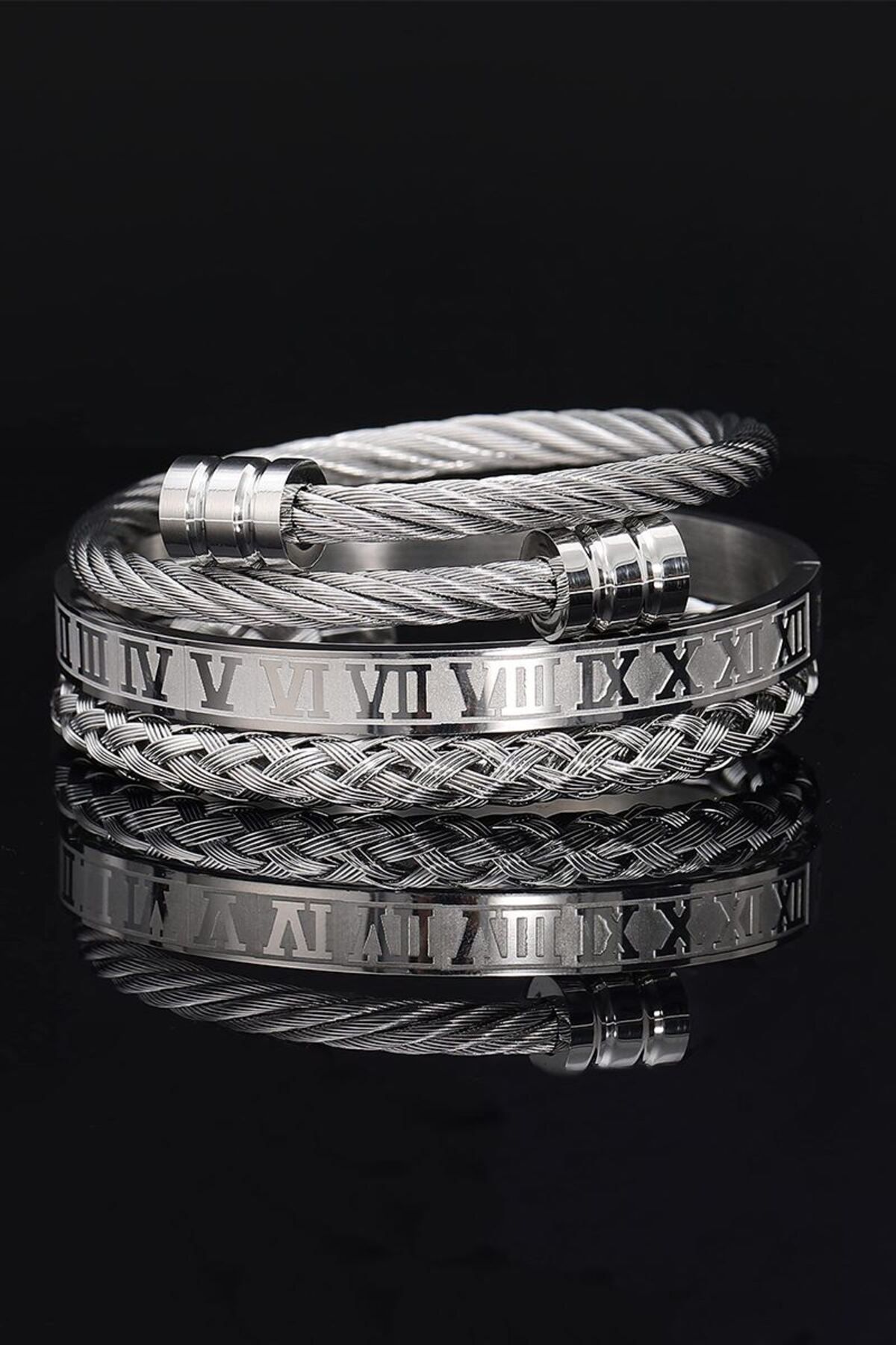 Chavin 3 Piece Knitted Roman Numeral Steel Men s Bracelet eu25 Trendyol