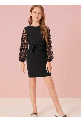Melek Bebeğim Kız Çocuk Özel Günler Için Kolları Tüllü Bel Kuşaklı Siyah Elbise