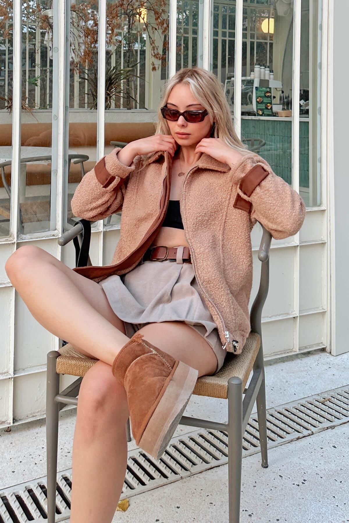 Swist-Mink Zippered Nubuck Cuff Detailed Women's Boucle Coat 2