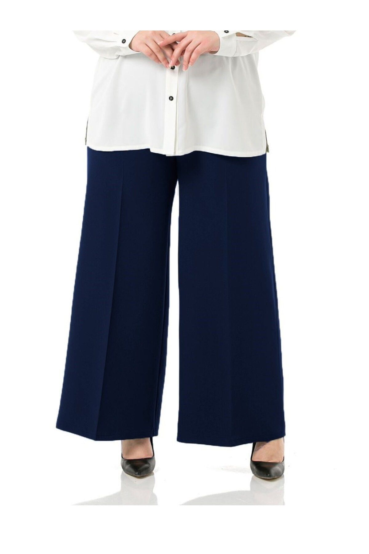 Aşkı Endam-Plus Size Mayra Side Pocket Dumbbell Crepe Wide Leg Trousers - Navy Blue 3