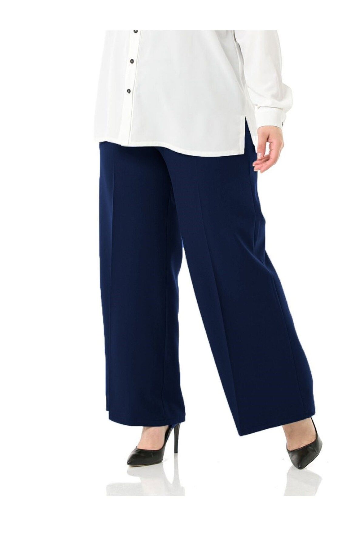 Aşkı Endam-Plus Size Mayra Side Pocket Dumbbell Crepe Wide Leg Trousers - Navy Blue 2