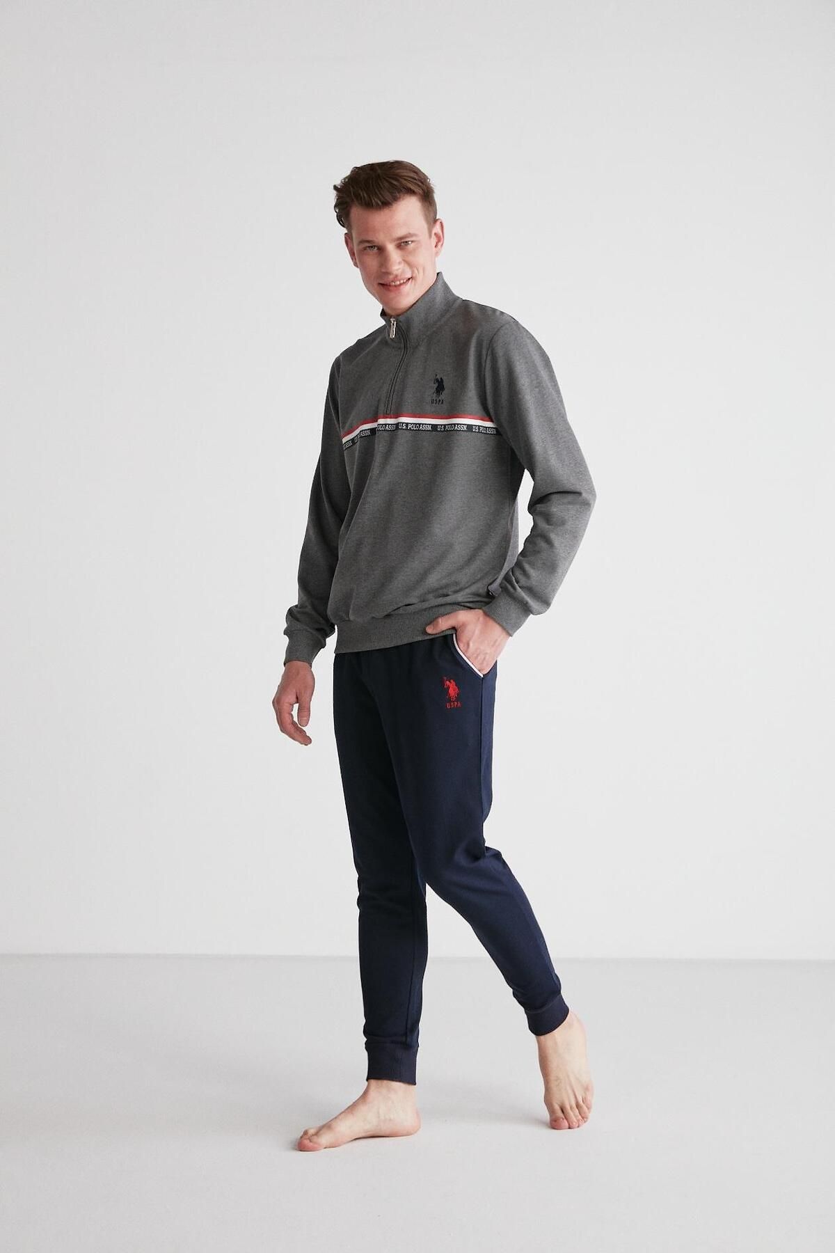 ست پیژامه خاکستری مردانه لباس خواب یقه گرد آنتراسیت ملانژ U.S. Polo Assn.