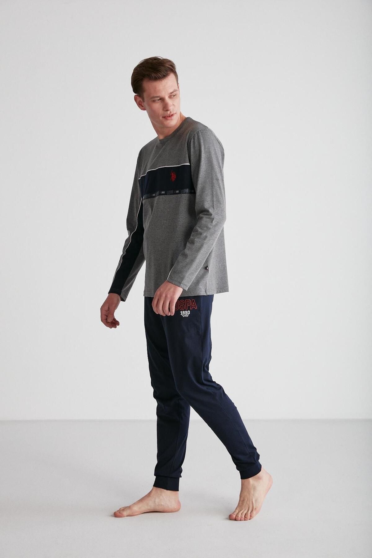 ست پیژامه خاکستری مردانه لباس خواب یقه گرد آنتراسیت ملانژ U.S. Polo Assn.