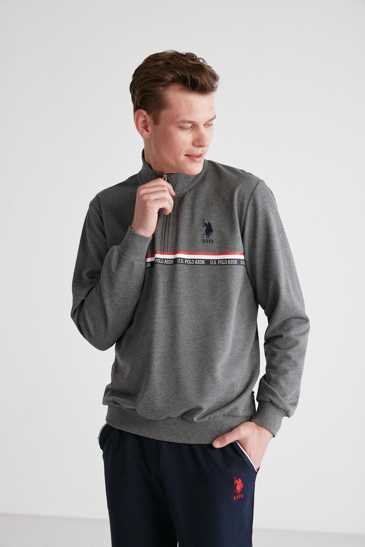 ست پیژامه خاکستری مردانه لباس خواب یقه گرد آنتراسیت ملانژ U.S. Polo Assn.