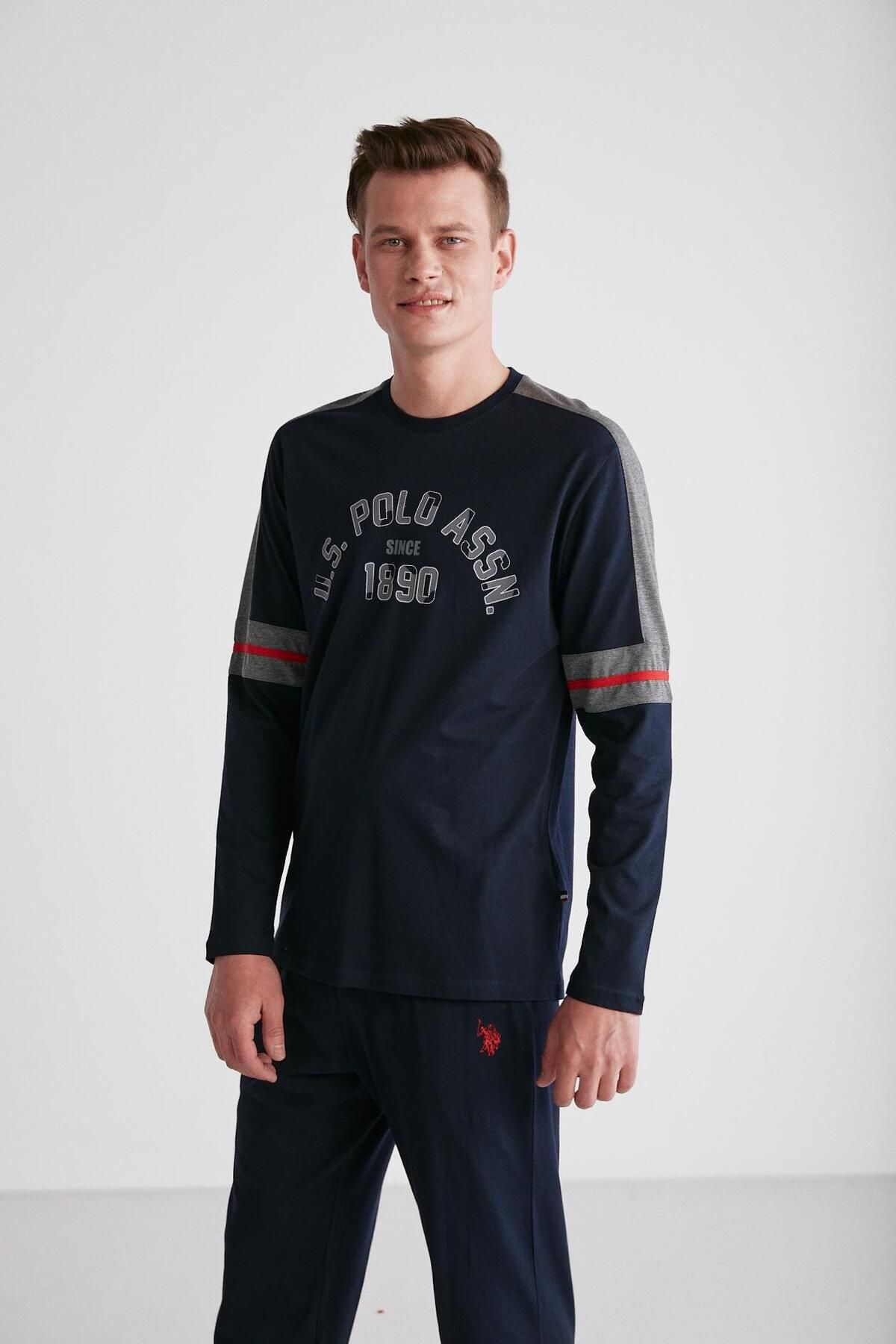 ست پیژامه آبی مردانه لباس خواب یقه گرد سرمه ای U.S. Polo Assn.