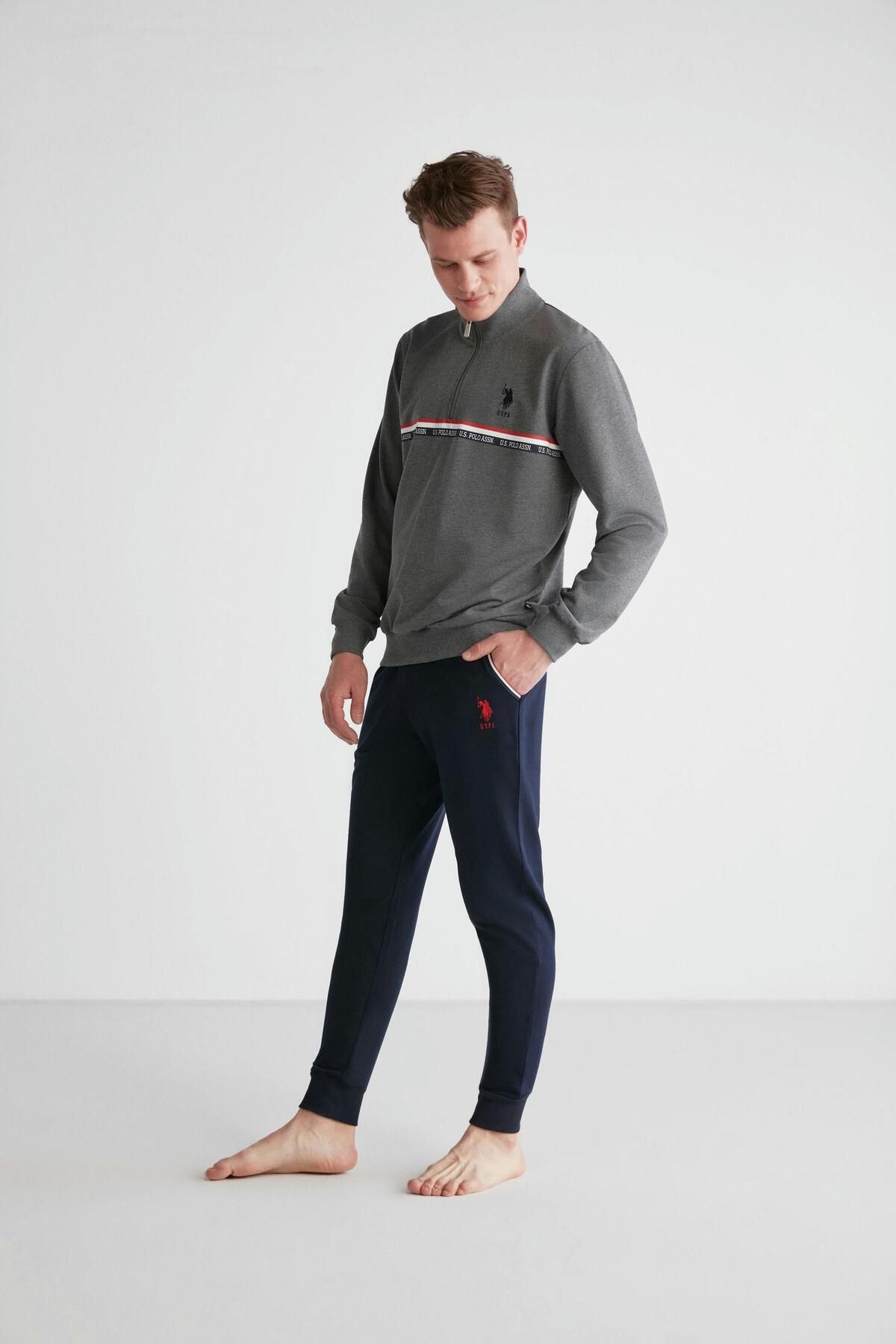 ست پیژامه خاکستری مردانه لباس خواب یقه گرد آنتراسیت ملانژ U.S. Polo Assn.
