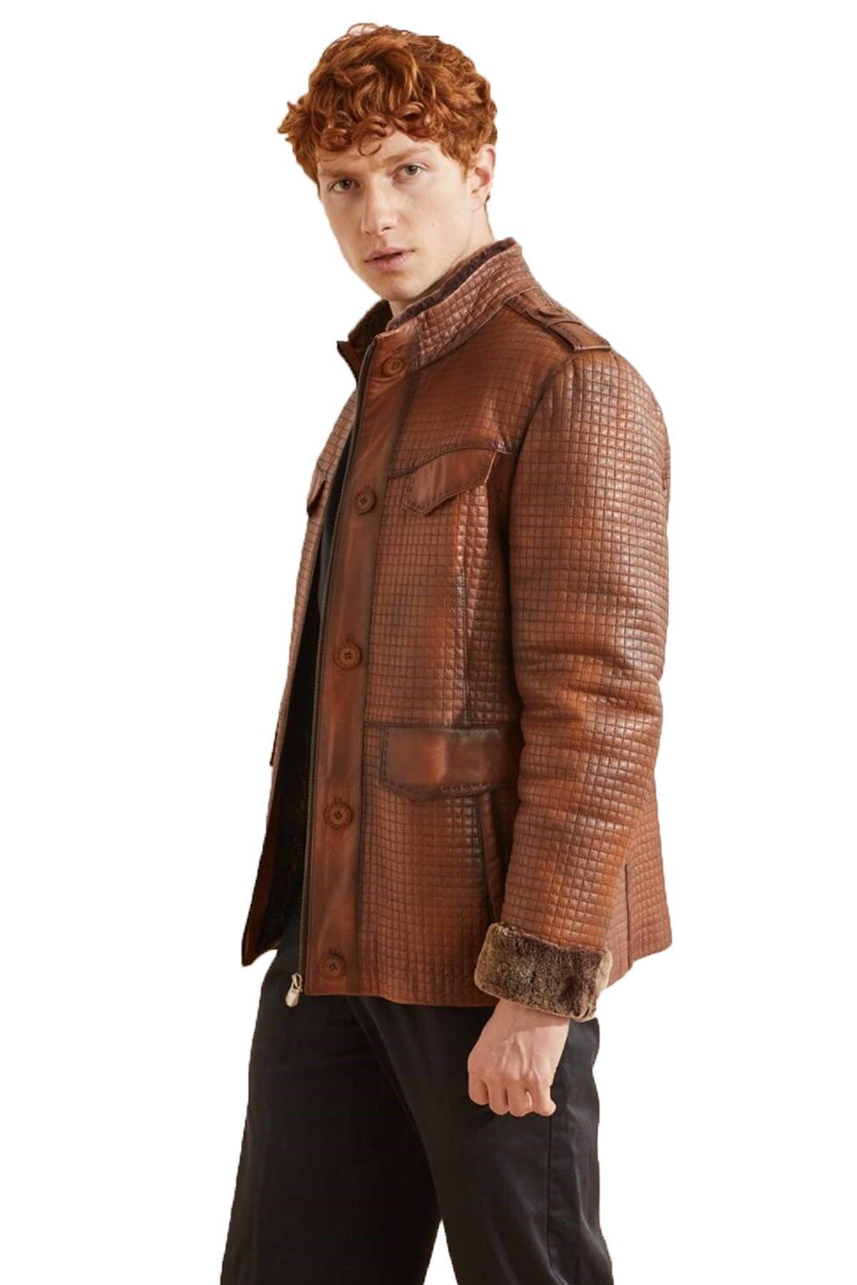 Deriderim کت مردانه خز اصل گرم Whiskey Bonucci با موهای قهوه ای داخل و دکمه های زیپ دار تزئینی