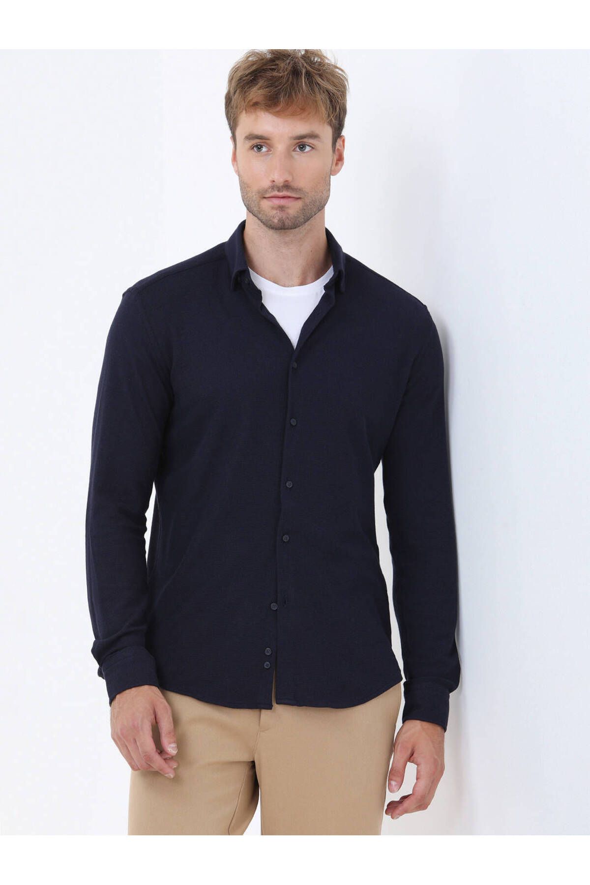 chemise en coton bleu slim fit castual