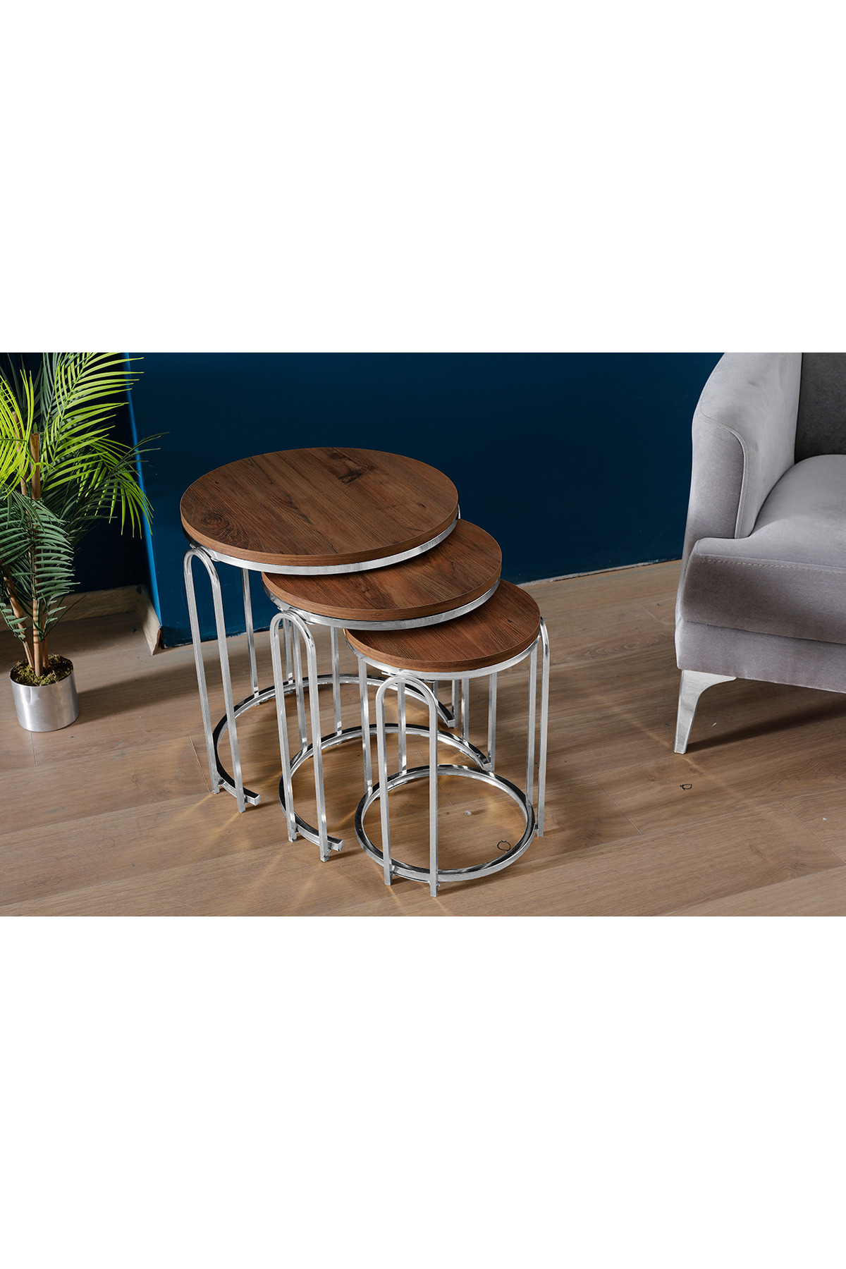 3' LÜ KOYU CEVİZ AHŞAP NİKEL (GÜMÜŞ) AYAK LENKA METAL SEHPA