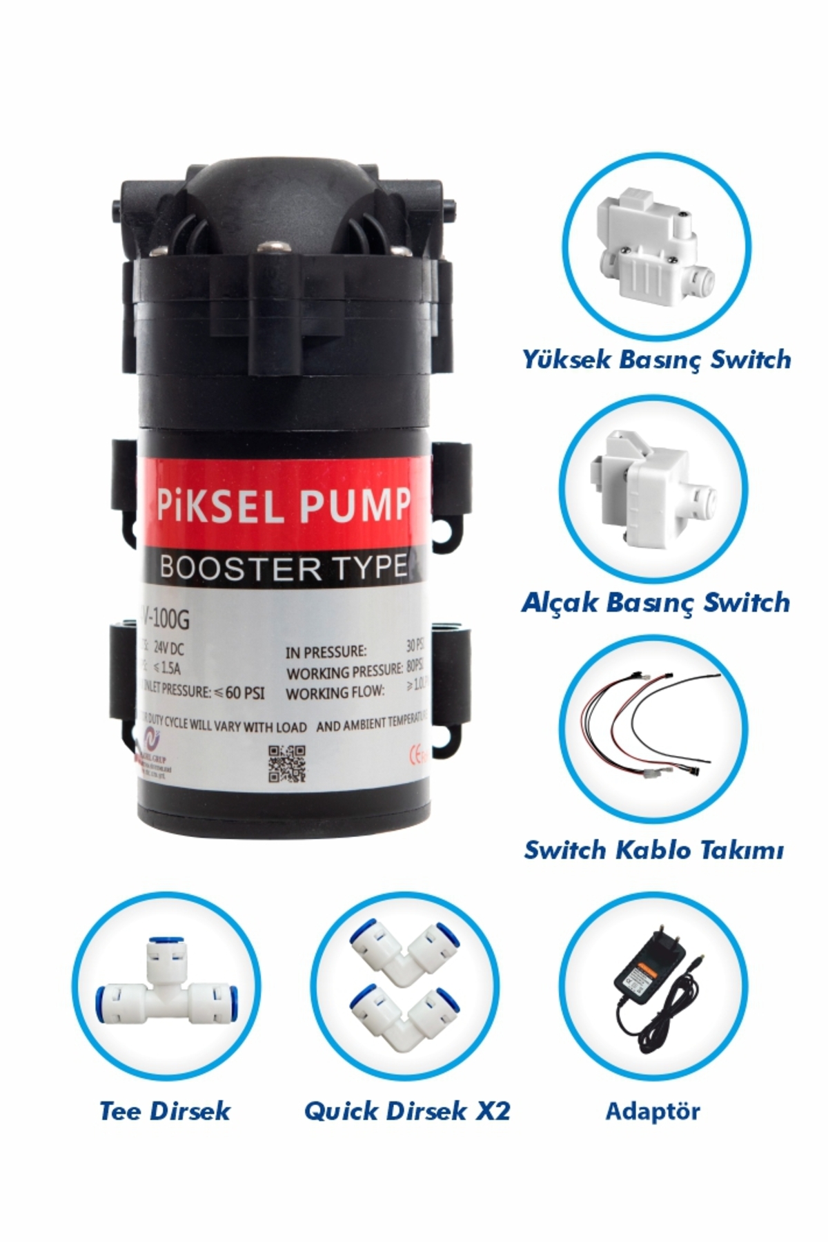 Piksel Aqua Su Arıtma Cihazı Pompası Pompa Tam Set Alçak Ve Yüksek Basınç Switch'li (PKSMUH0100)