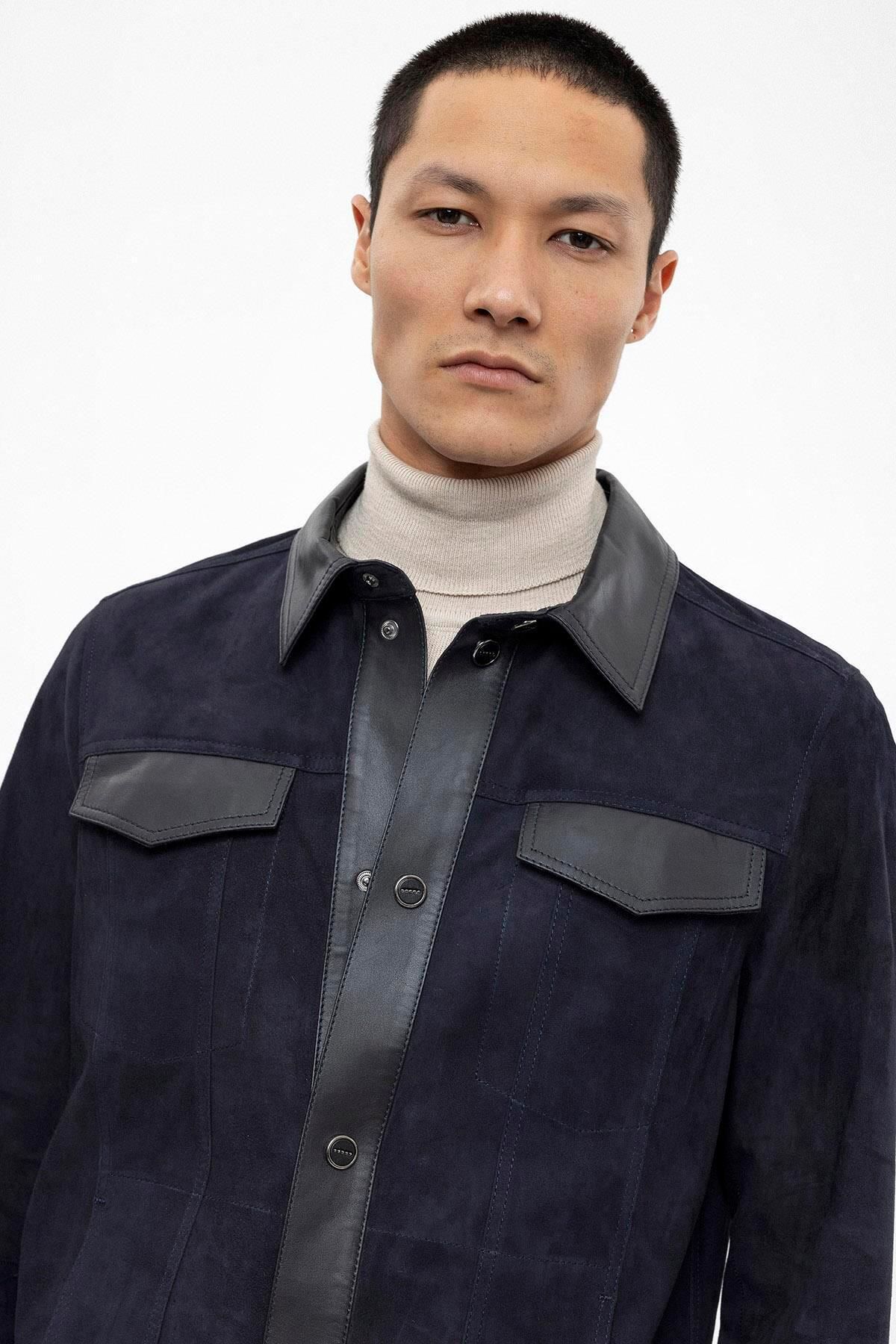 Deriderim ژاکت جیر بدون خط چرمی تزیین شده با سربندی آبی سرمه ای