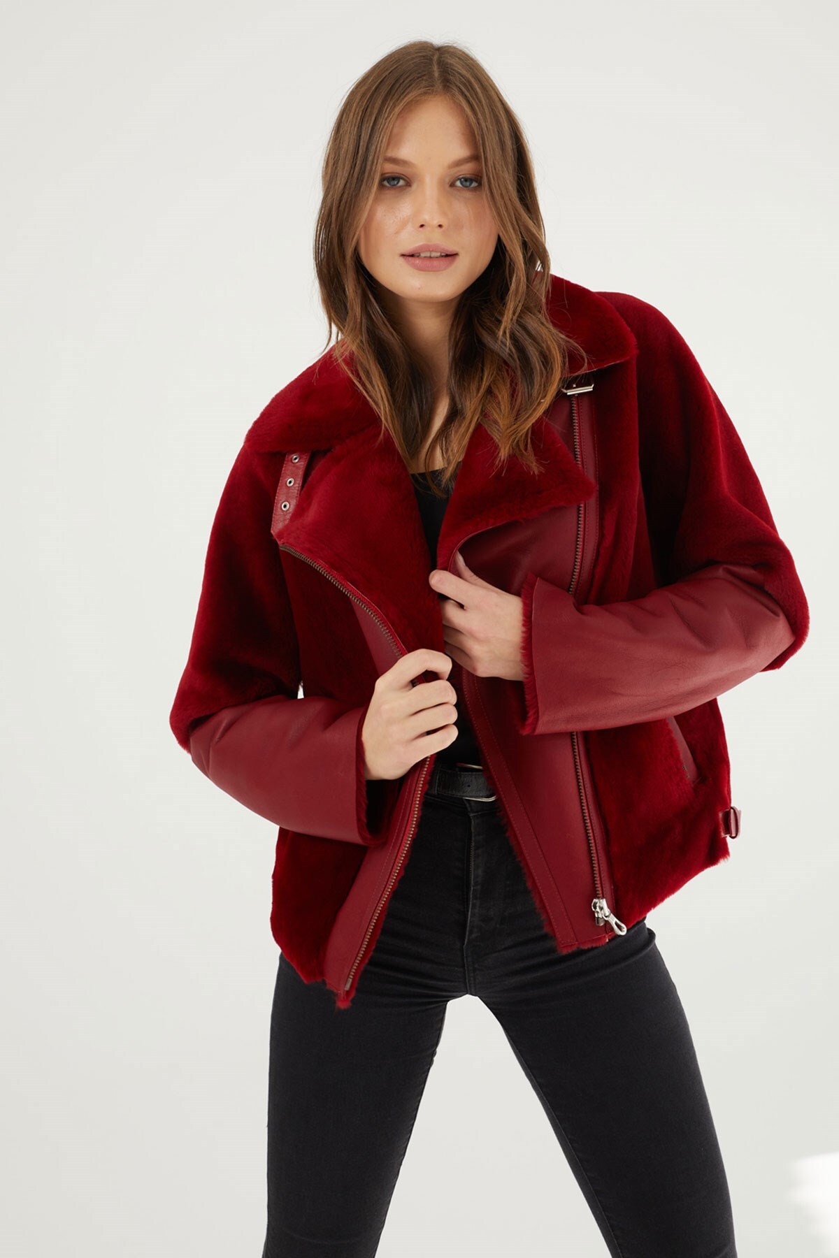 Red Velvet Unlined Zippered Biker Genuine Wool Leather Women's Coat