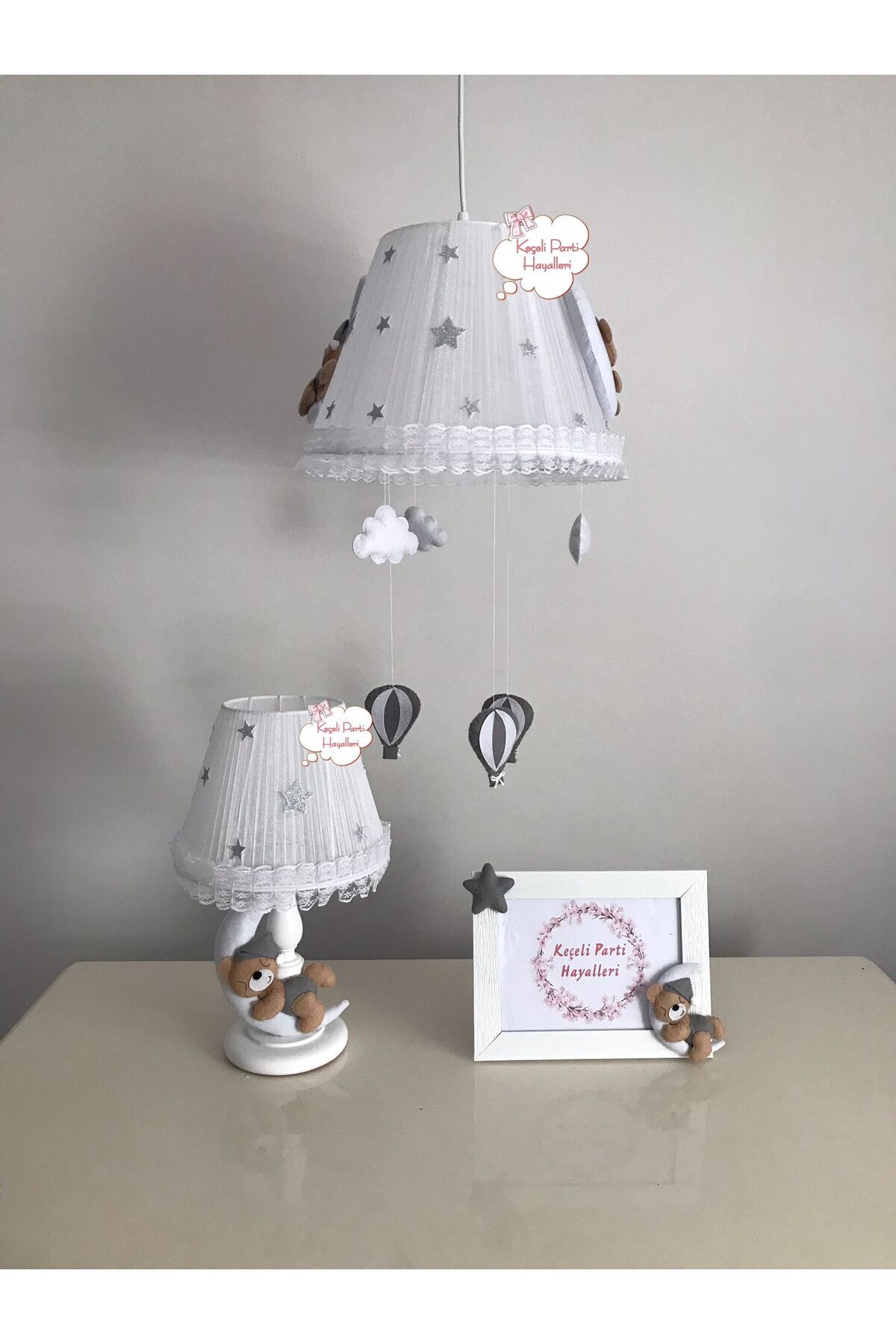 Keçeli parti hayalleri bebek çocuk odası avize set ay ayıcık gri beyaz balonlu fotoğrafı 2 (önizleme)
