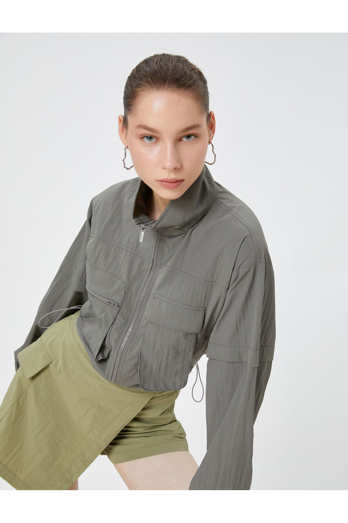 یقه ایستاده ژاکت فصلی چتر نجات زیپ دار با جزئیات جیب دوبل