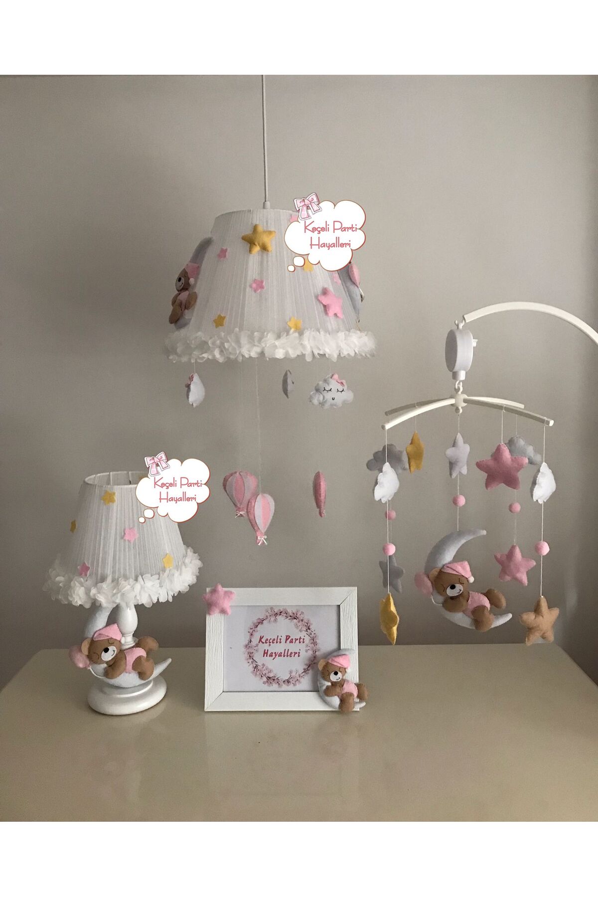 Keçeli parti hayalleri bebek çocuk odası avize dönence set çiçek ayıcık kahve açık pembe sarı balonlu fotoğrafı 2 (önizleme)