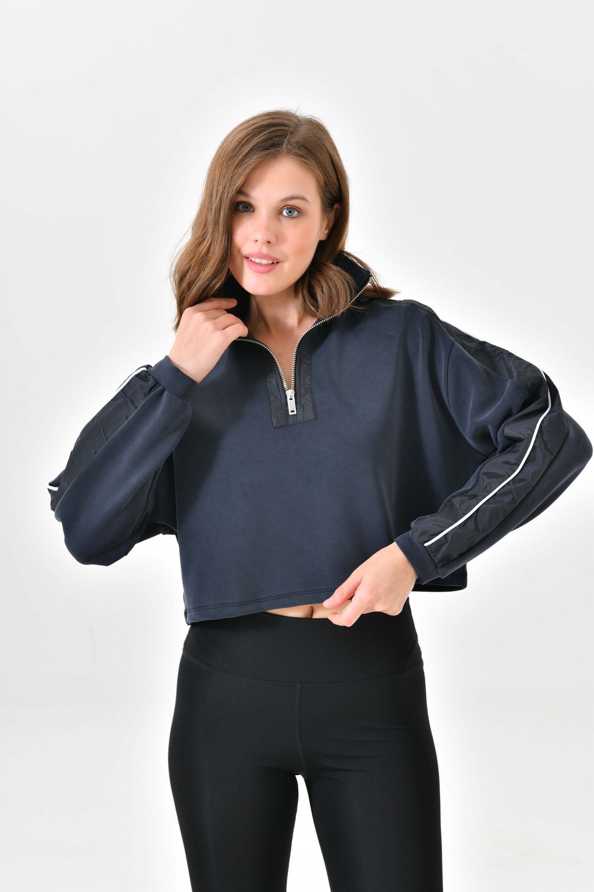 EMNY Women s Crop Sweatshirt Oversize Top Set High Collar Zippered