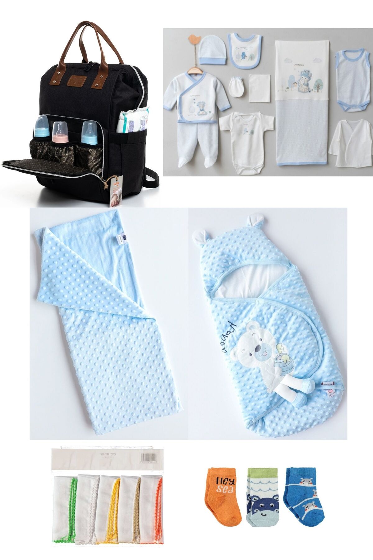 6-PIECE CUTE BEARS BIRTH SET(10-PIECE HOSPITAL EXIT,BABY BAG,SWADDLE,BLANKET,HANDKERCHIEF AND SOCKS SET)