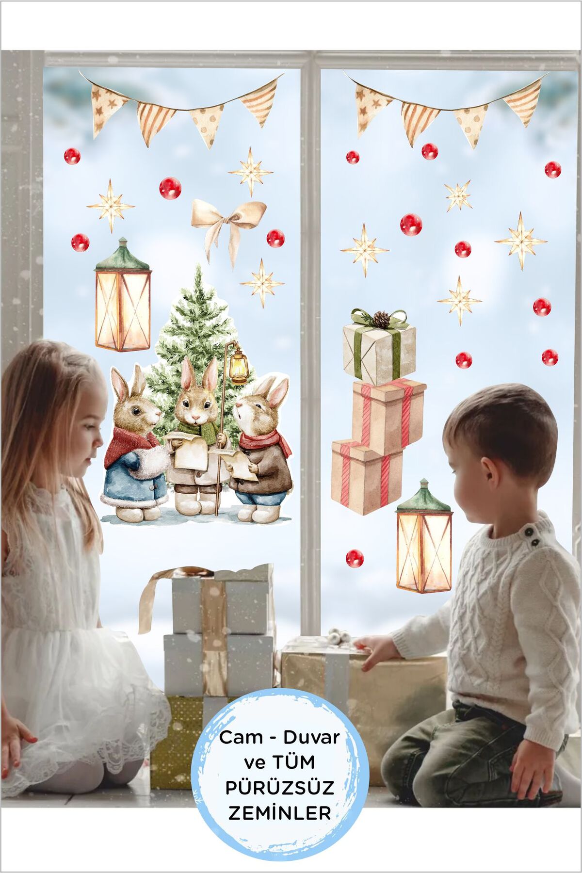 Cute Rabbits New Year's Day Glass, Wall Sticker