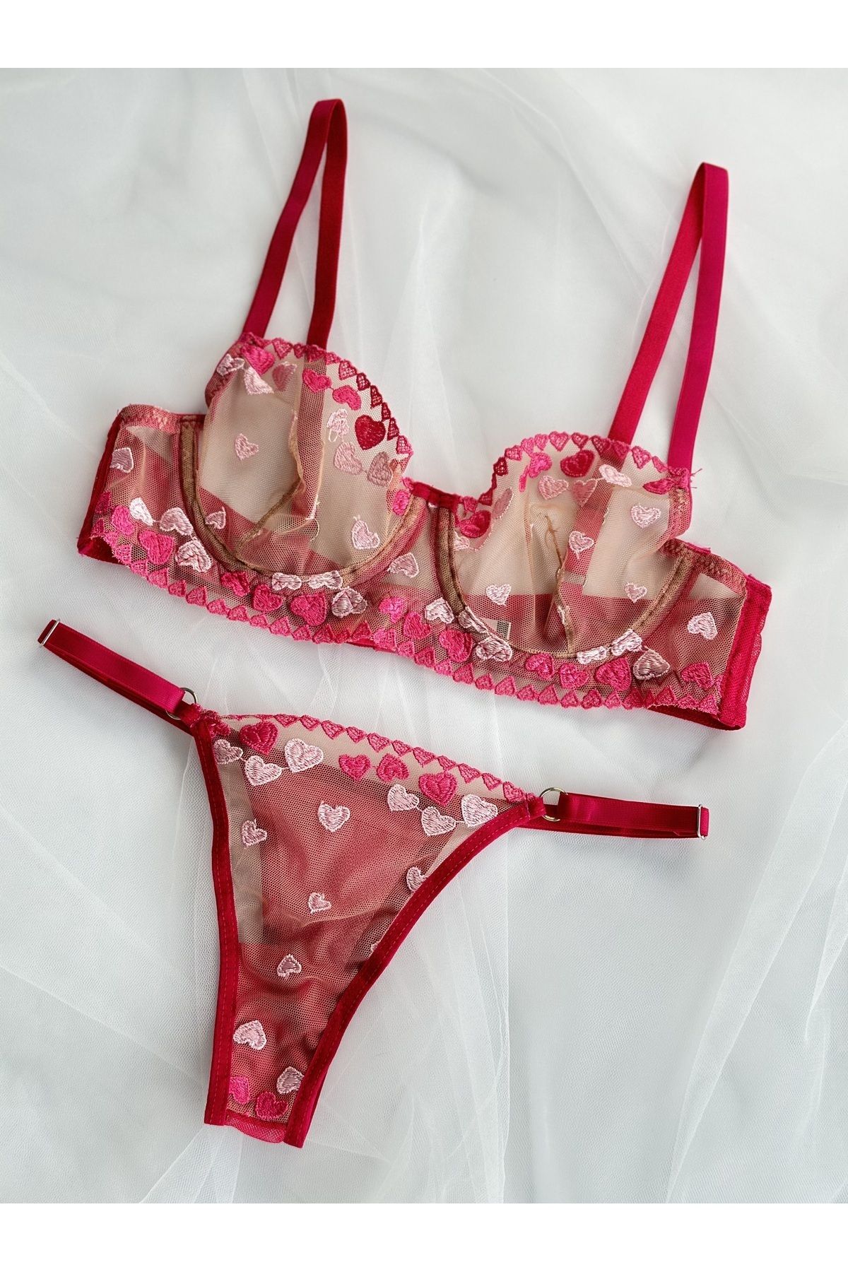 Arinda-Set de lenjerie cu sârmă Brode Heart - Roz Fuchsia 1
