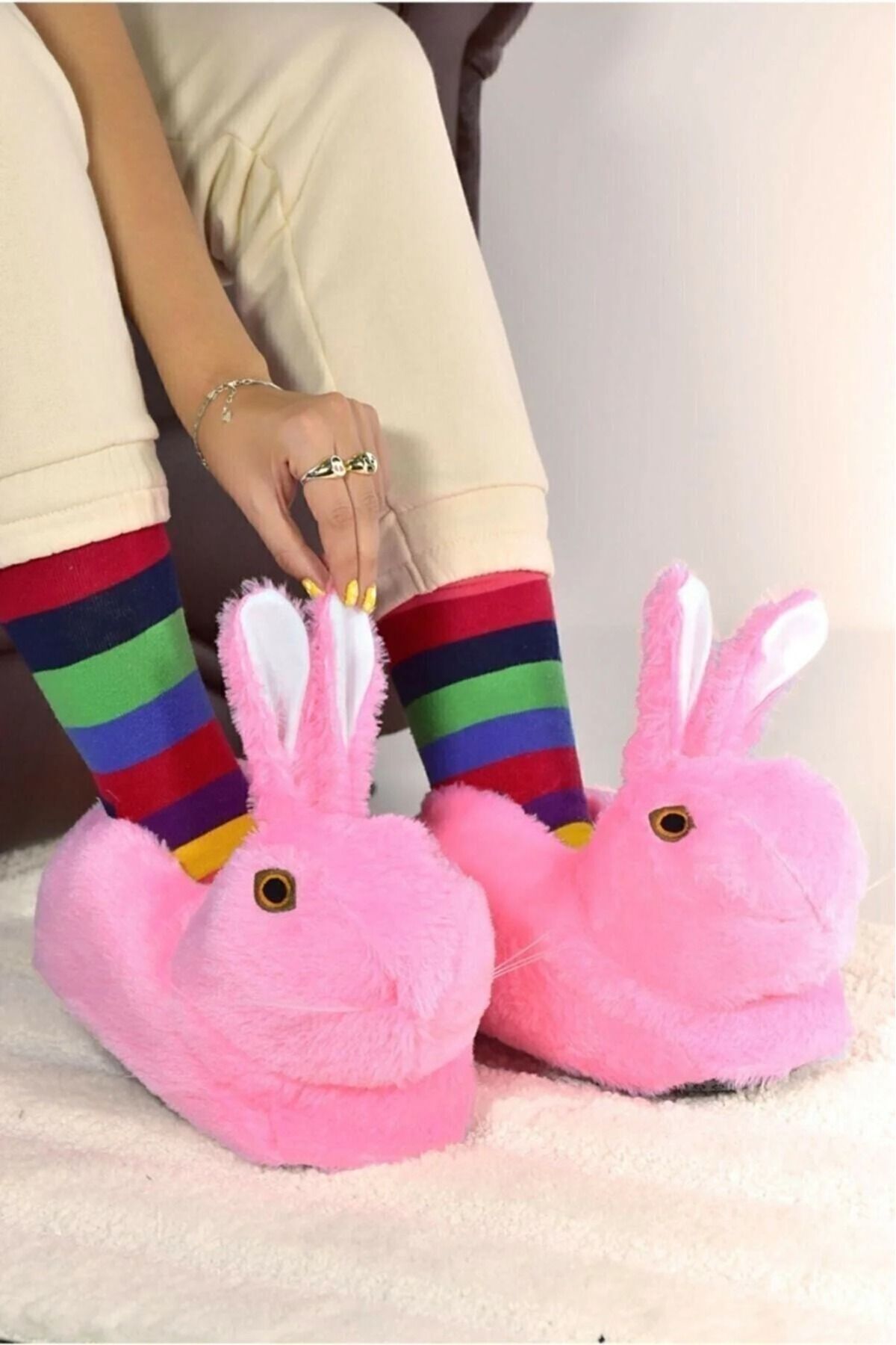panduff Plush Women s Pink Rabbit Slippers Indoor Boots Trendyol