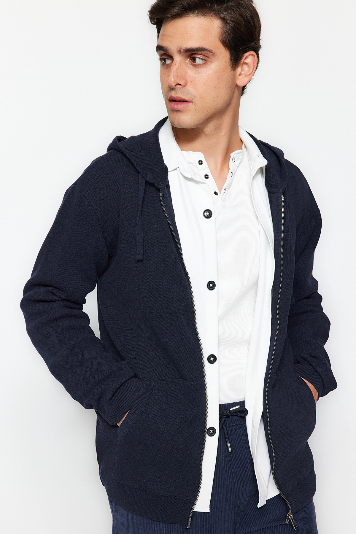 Navy Blue Men's Regular Fit Hooded Knitwear Cardigan with Pockets
