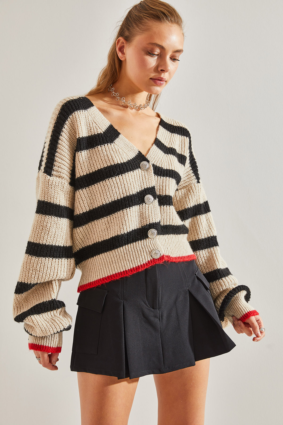 Bianco Lucci-Women's Buttoned Striped Knitwear Cardigan 4