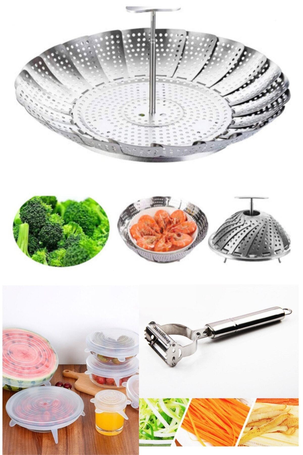 Hombak 3'lü Set Buharda Haşlama,pişirme Aparatı+6'lı Silikon Kapak Ve Jülyen Sebze Doğrayıcı