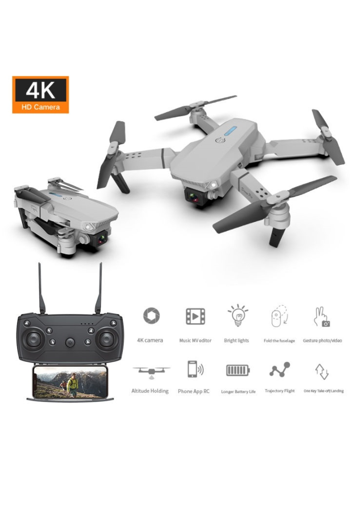 Resim SIGHTZER E88 DRONE 4K HD ÇİFT KAMERALI DRONE APP KONTROL WİFİ Lİ KATLANABİLİR QUATCOPTER X3 BATARYA 