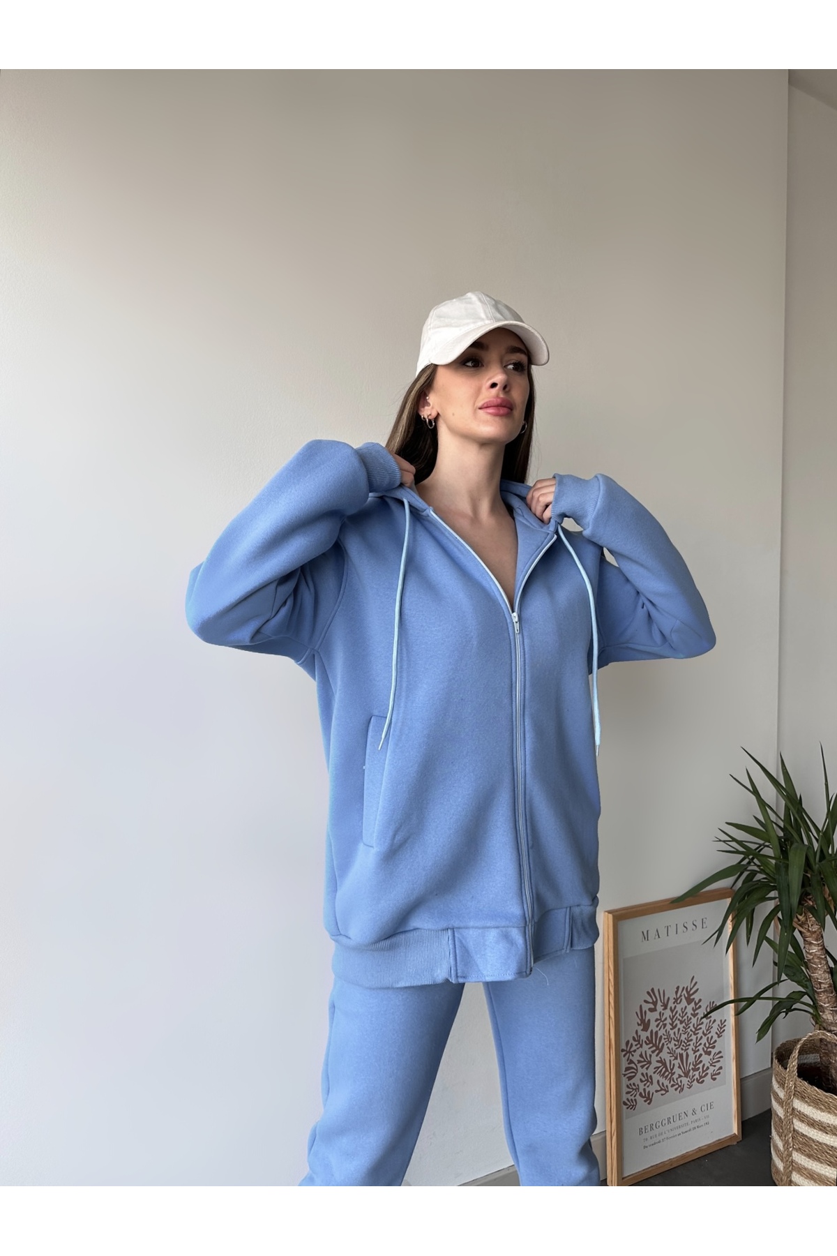 طقم بدلة رياضية طويلة بغطاء للرأس بثلاثة خيوط للنس...