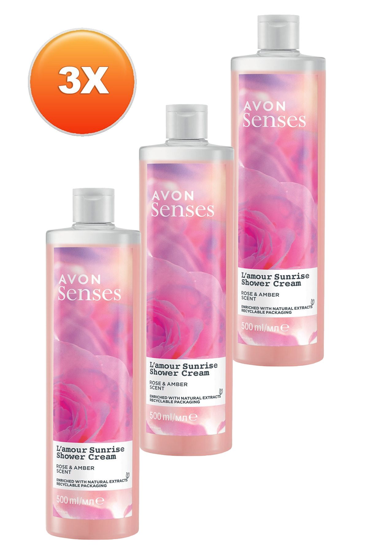 ژل دوش کرم معطر رز و عنبر سنس L'amour Sunrise 500 میلی لیتر. مجموعه سه تایی Avon