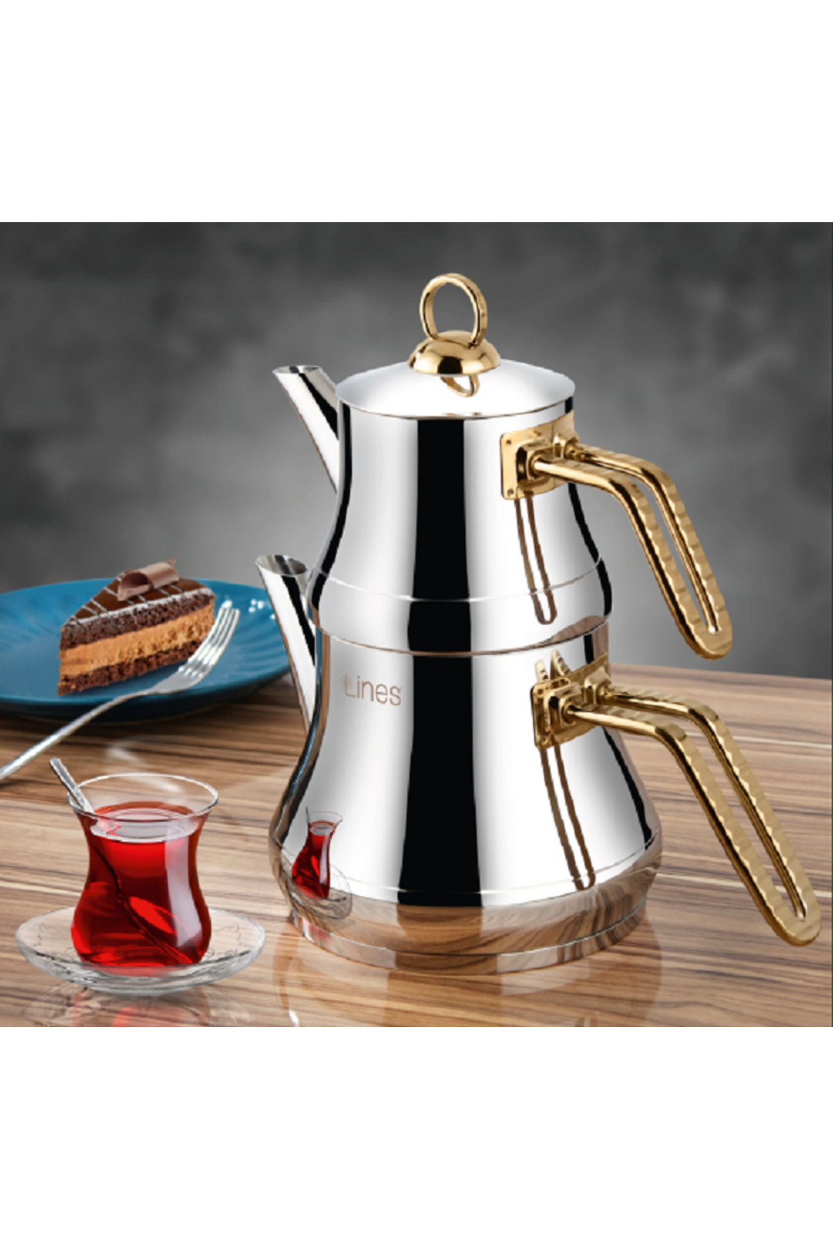 Yonca Lines Naz Altın Metal Kulp Kendinden Süzgeçli Çelik Çaydanlık Mini Boy