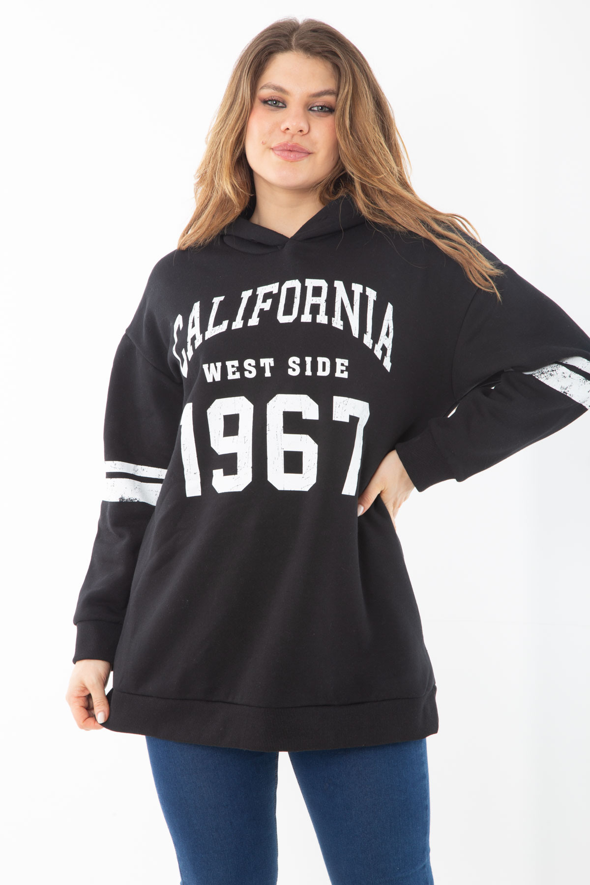 Women's Plus Size Black Raised Inside Three Thread Hooded Sweatshirt 65N37290