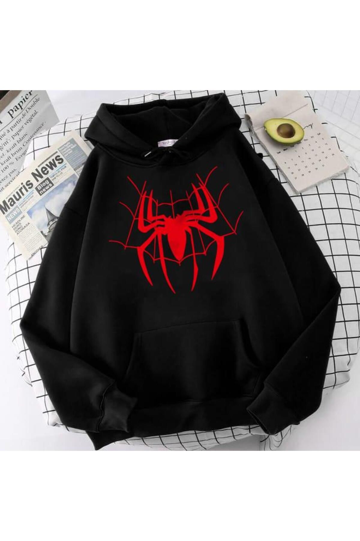 The Champs Red Spider Web Printed Black Unisex Oversize Hooded