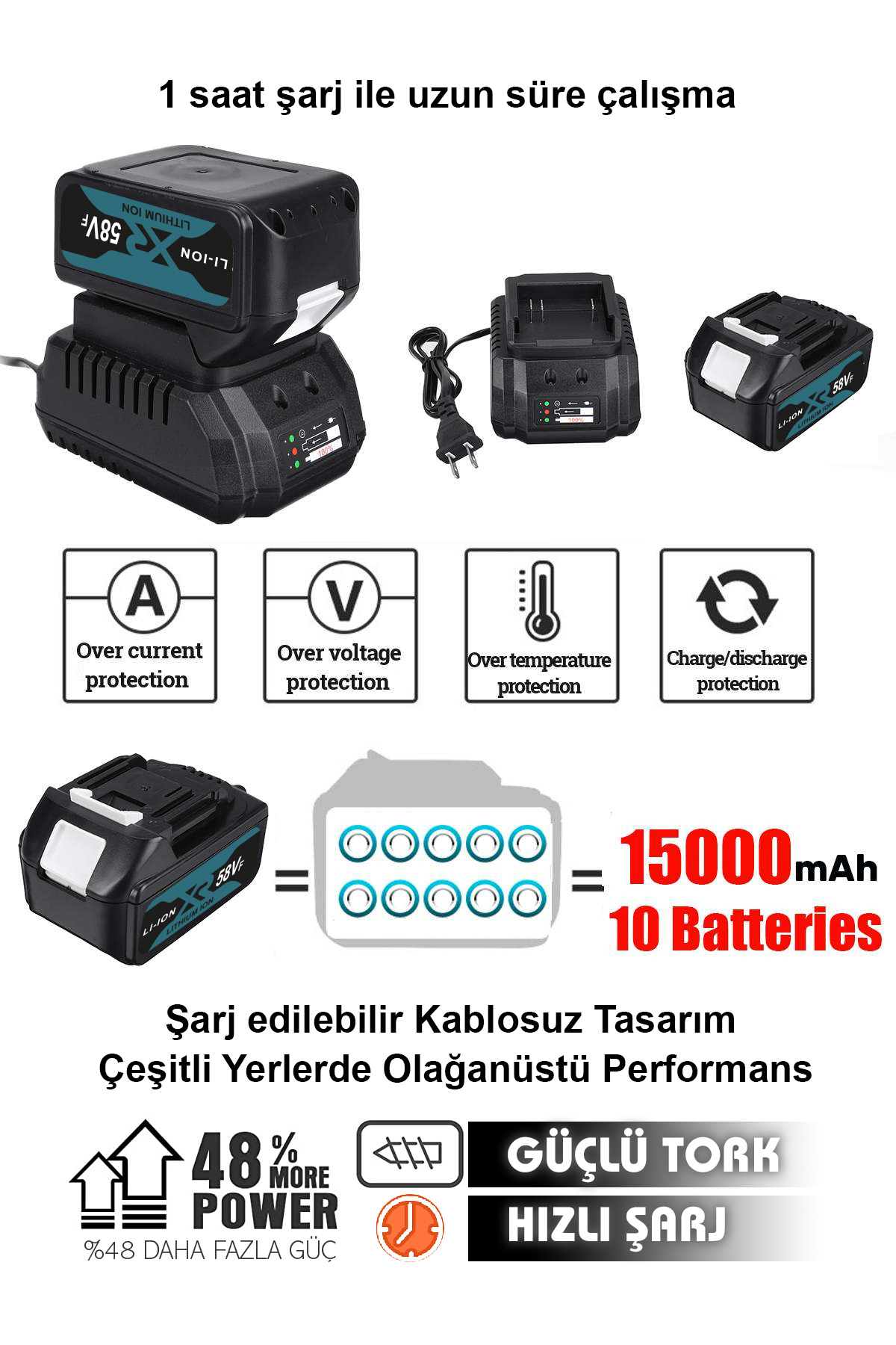 POWER BLACK 58 Vf 5ah Metal Şanzuman Kalın Batarya Çift Akülü