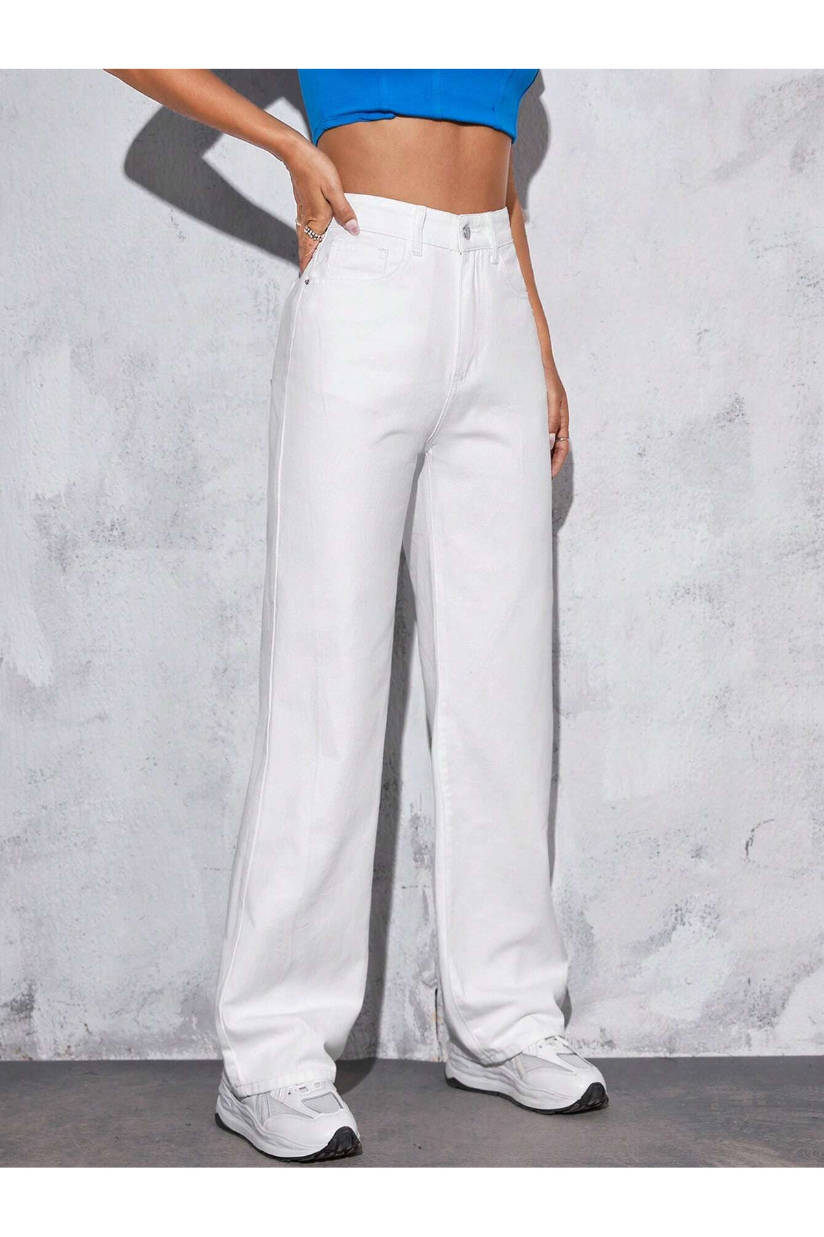 Kadın Beyaz Easy Fit Jeans Yüksek Bel Bol Paça Kot Pantolon