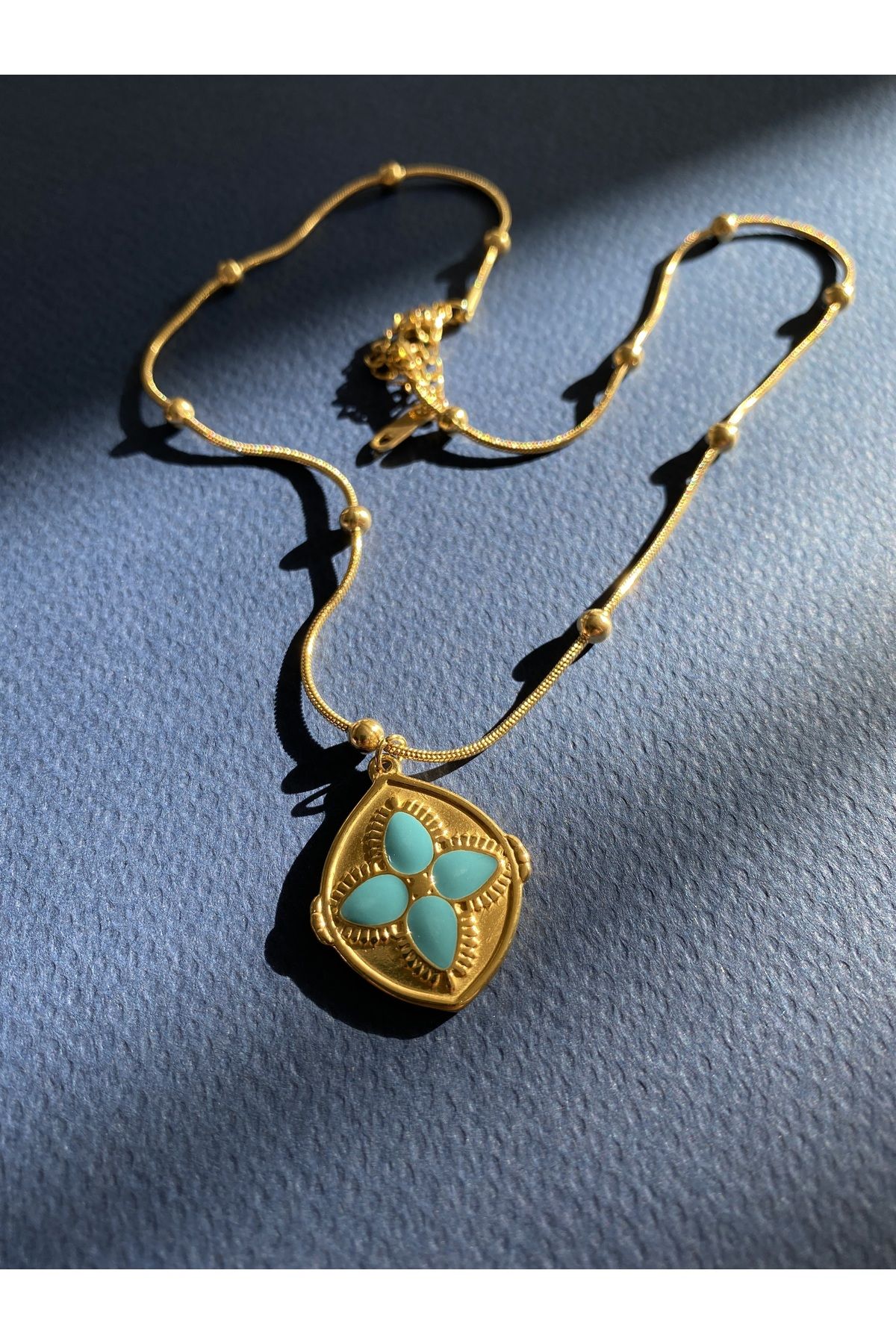 Pinery Jewels Blue Stone Ball Chain Shield Steel Tarnish Resistant Gold Necklace
