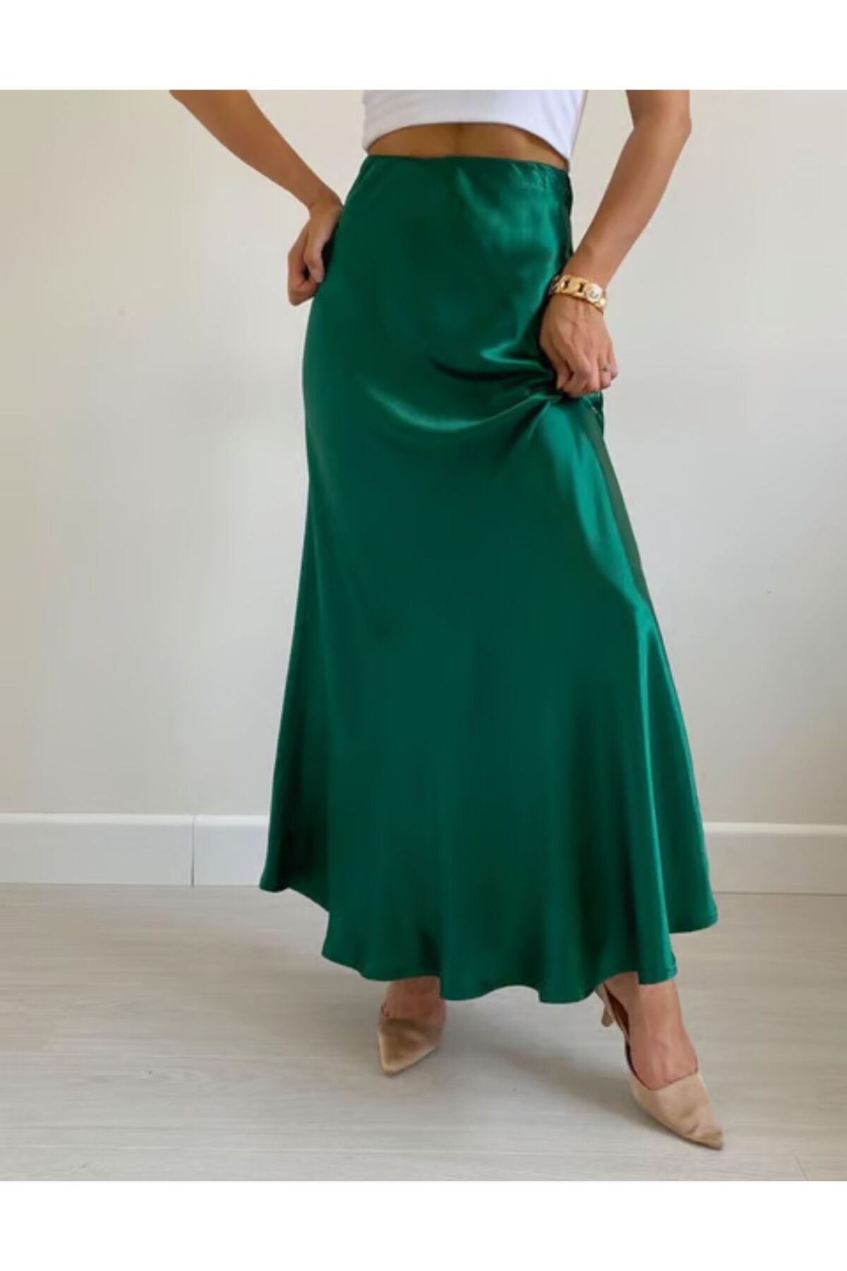 Laluvia Emerald Satin Skirt with Side Hidden Zipper and Elastic