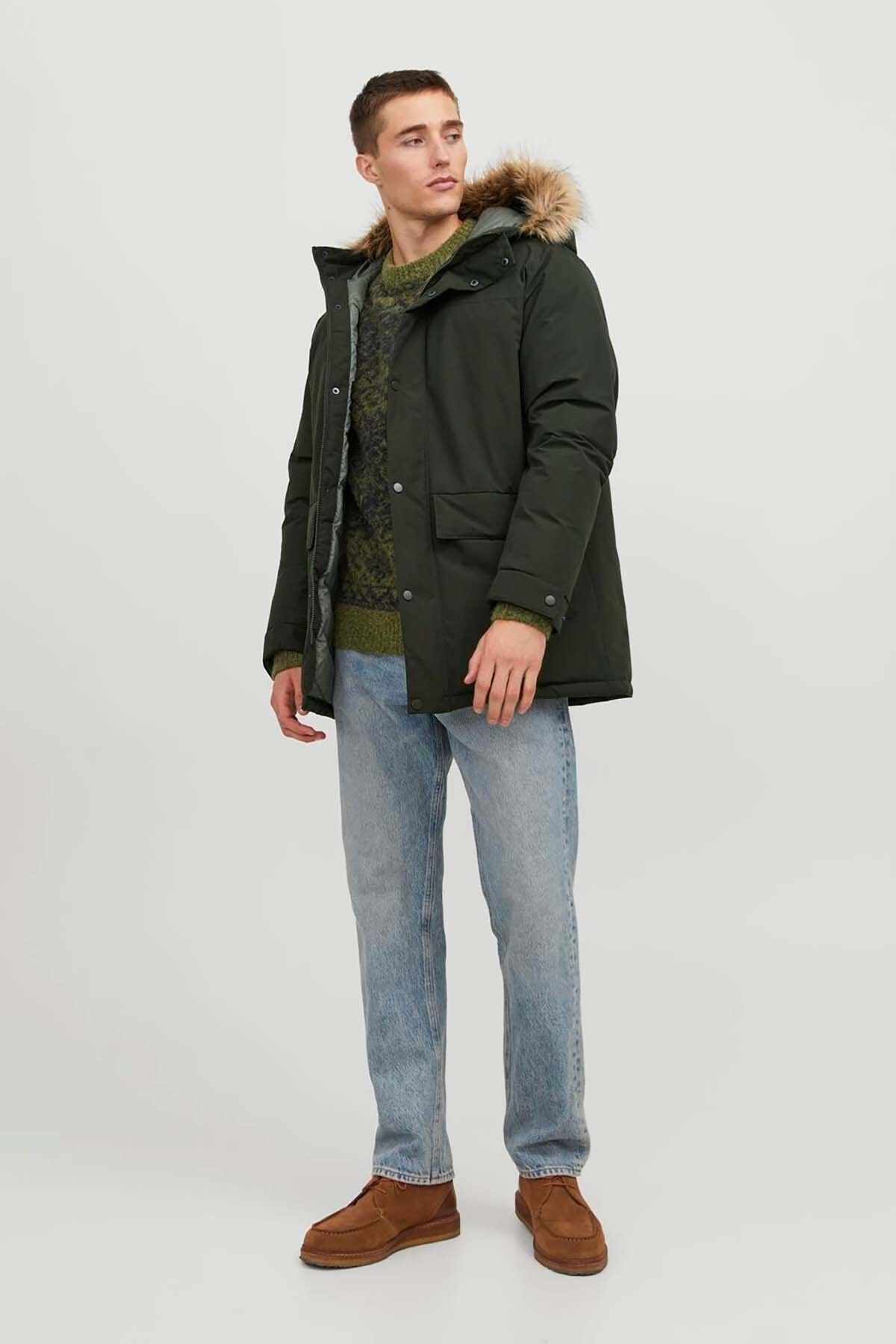 Jack Jones Men s Jjchamp Hooded Long Coat 12236096 Dark Green