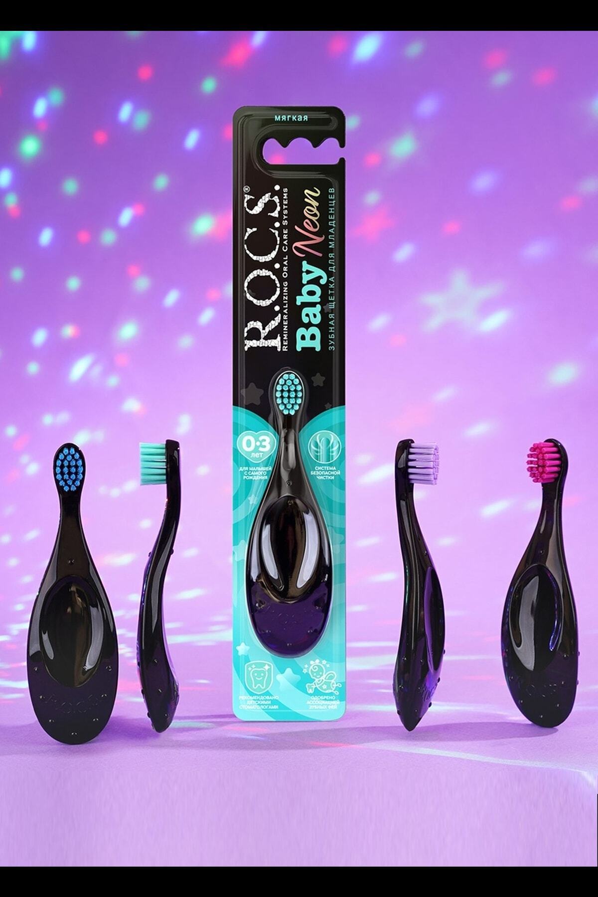 R.O.C.S. Baby Neon 0-3 Yaş Için Ekstra Yumuşak Diş Fırçası - 2'li Set - Pembe+turkuaz fotoğrafı 4 (önizleme)