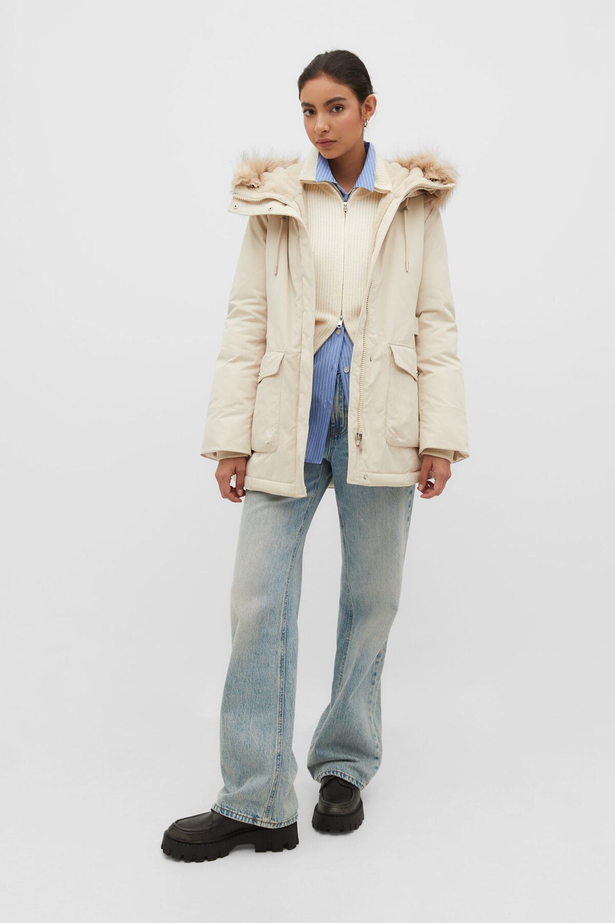 Stradivarius parka jacket with fur hood online