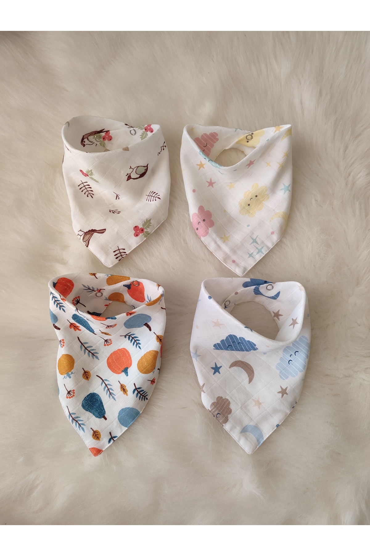 4 Pieces 100% Organic Cotton Double Layer Two Studs Muslin Baby Scarf & Saliva Apron