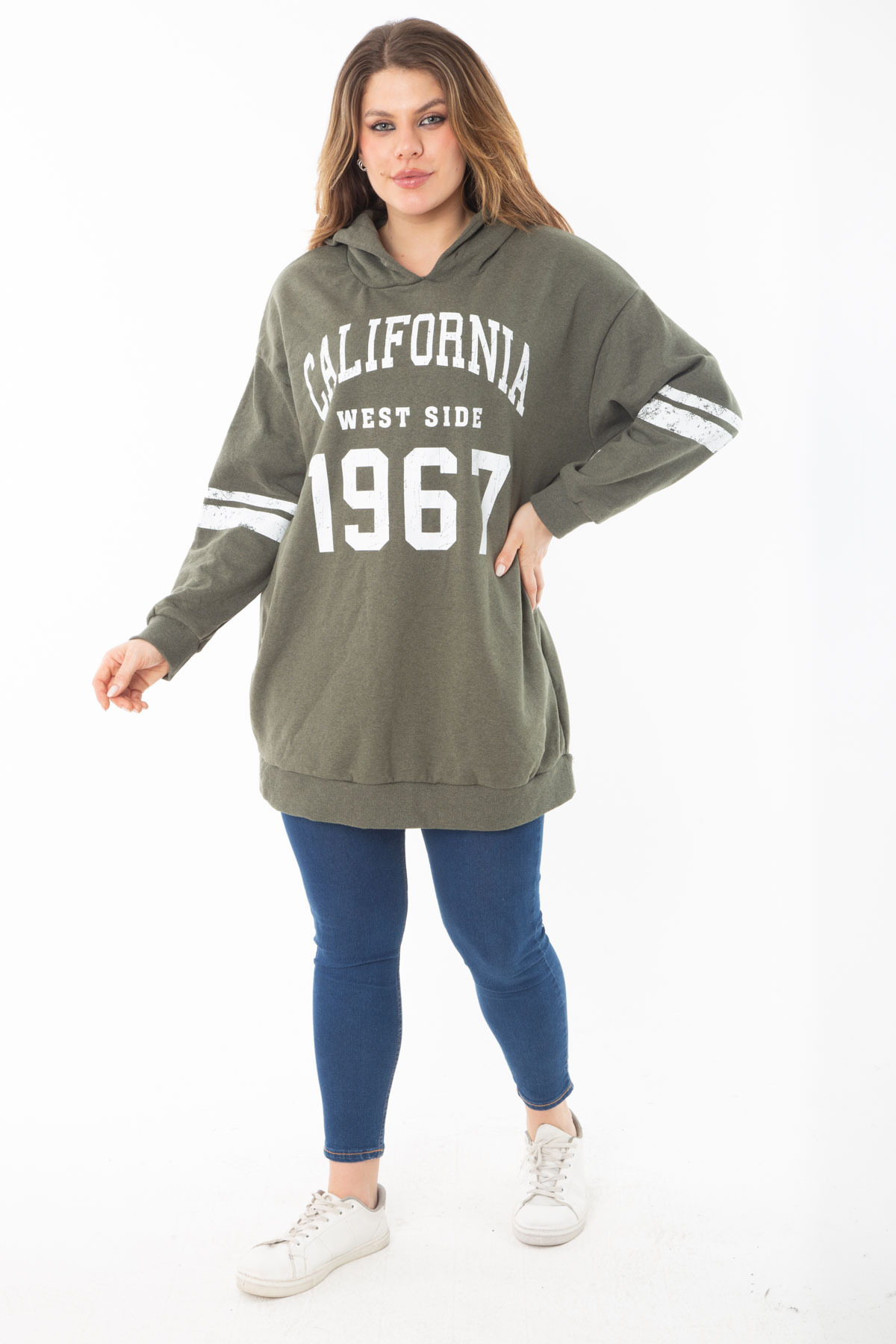 Women's Plus Size Khaki Raised Three Thread Hooded Sweatshirt 65N37290