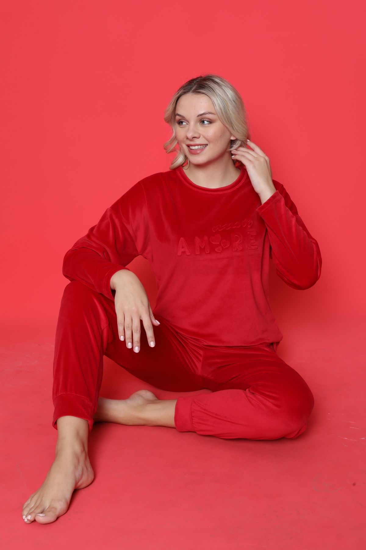 AHENGİM-Mládežnický pyžamový set French Velvet Amore Potištěná Spade Manžeta Zimní Sezónní W20432250 5