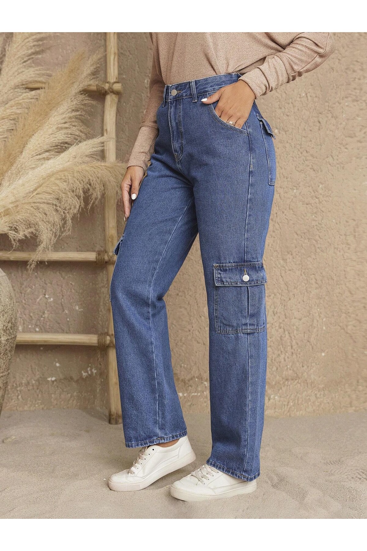 Kadın Mavi Cargo Fit Jeans Yüksek Bel Bol Paça Kargo Cepli Kot Kargo Pantolon